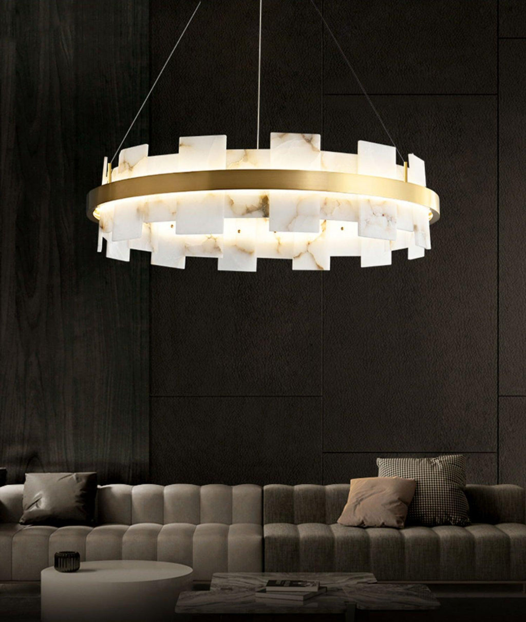 Lustre moderne Tobin en Albâtre Laiton et blanc