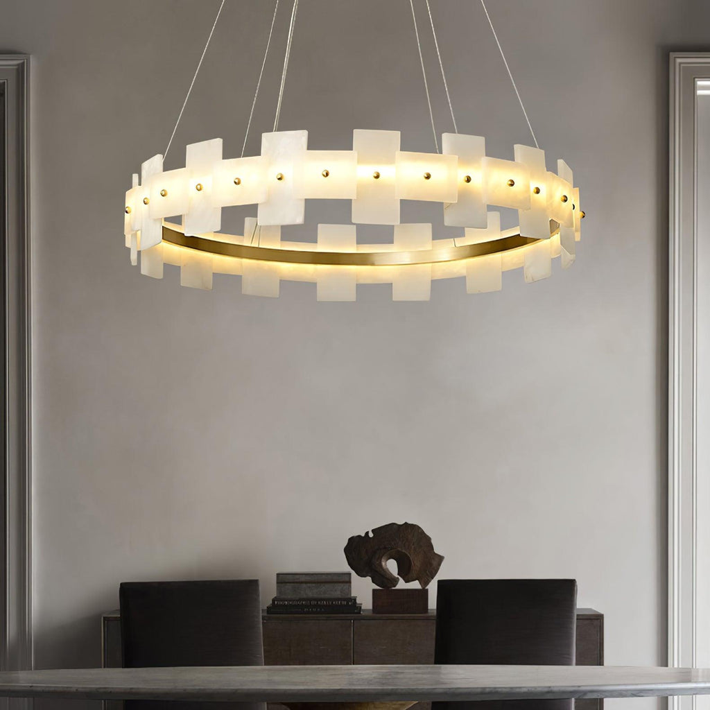 Lustre moderne Tobin en Albâtre Laiton et blanc