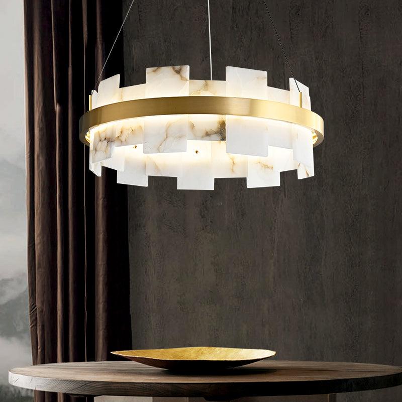 Lustre moderne Tobin en Albâtre Laiton et blanc