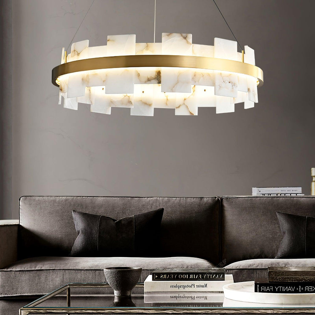 Lustre moderne Tobin en Albâtre Laiton et blanc