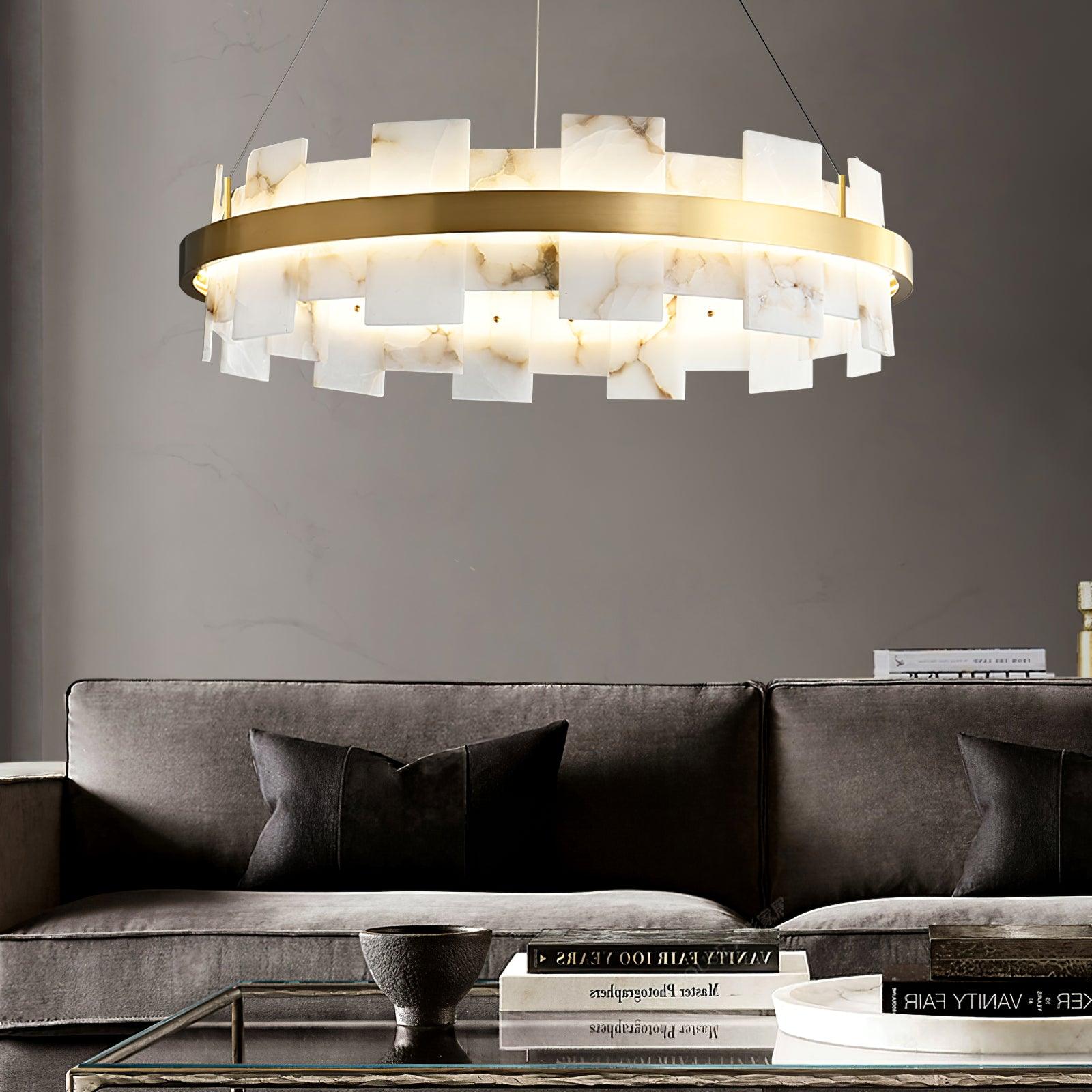 Lustre moderne Tobin en Albâtre Laiton et blanc
