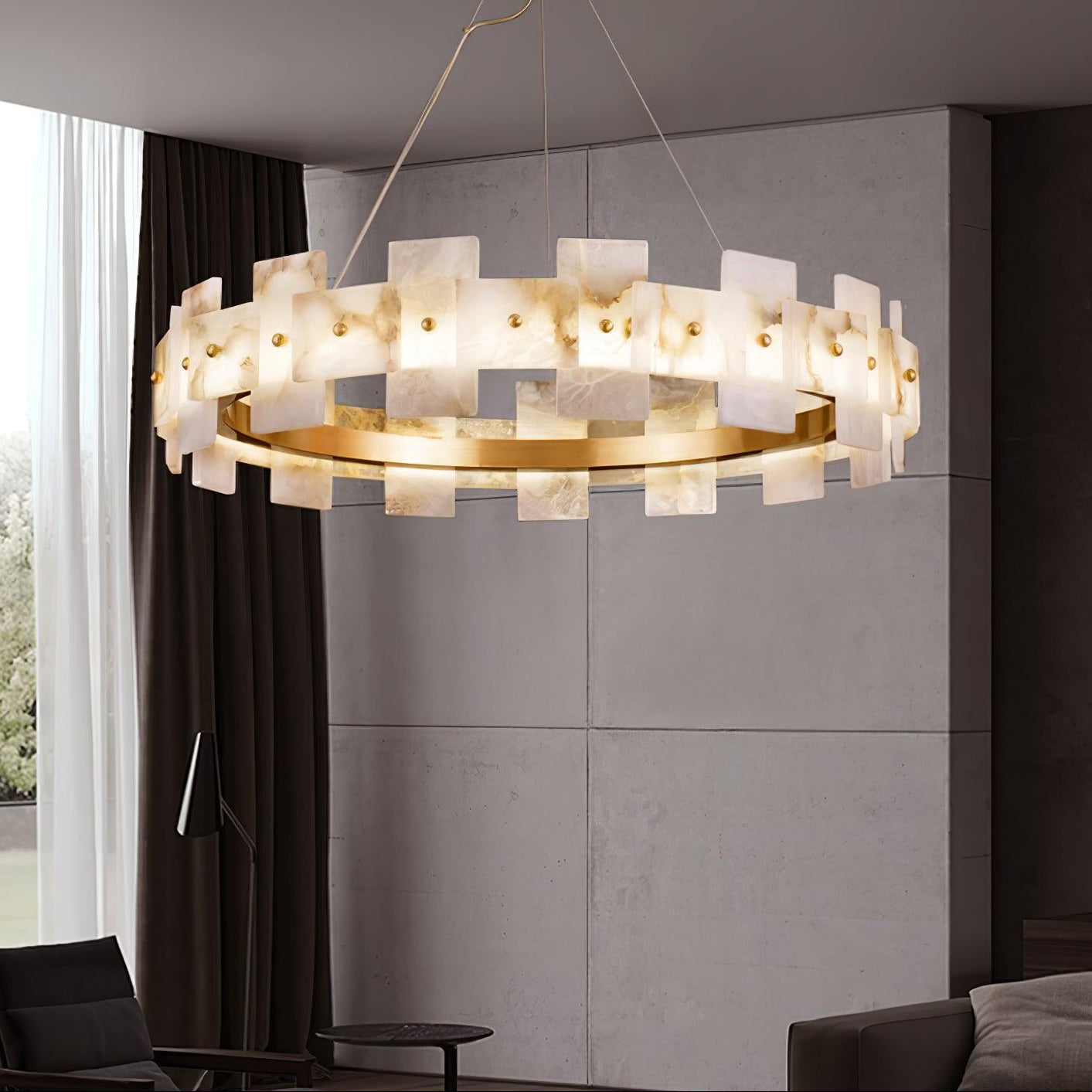 Lustre moderne Tobin en Albâtre Laiton et blanc
