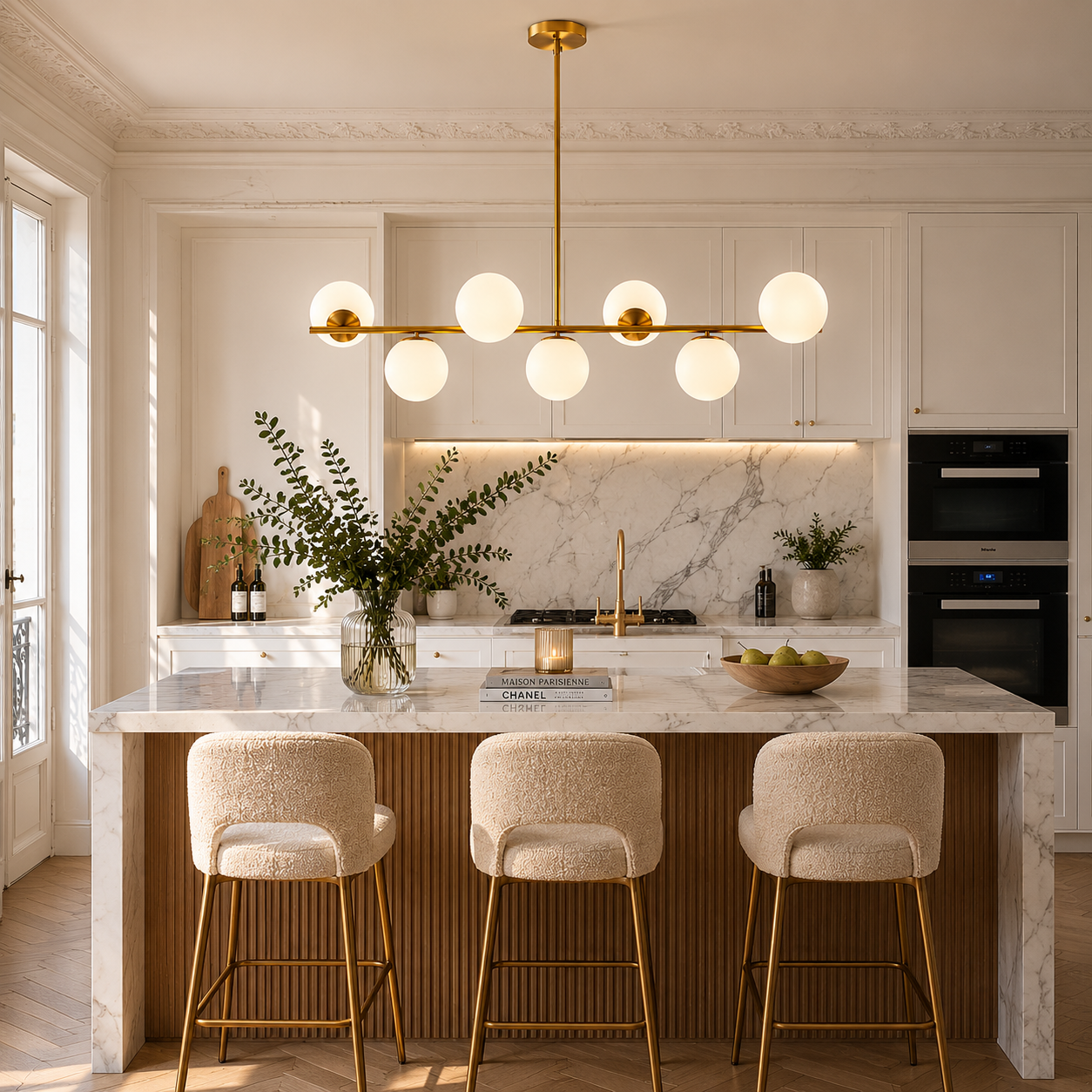 Lustre Spoutnik 7 Globes Verre Dépoli Blanc — Laiton Brossé