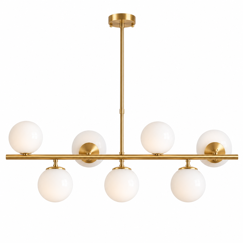 Lustre Spoutnik 7 Globes Verre Dépoli Blanc — Laiton Brossé