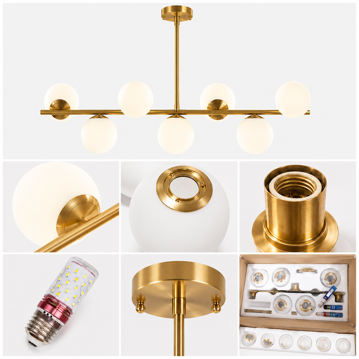 Lustre Spoutnik 7 Globes Verre Dépoli Blanc — Laiton Brossé