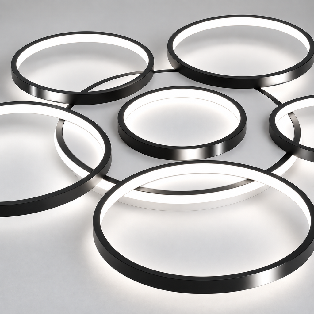 Détail des anneaux noirs superposés du plafonnier LED, lumière blanche