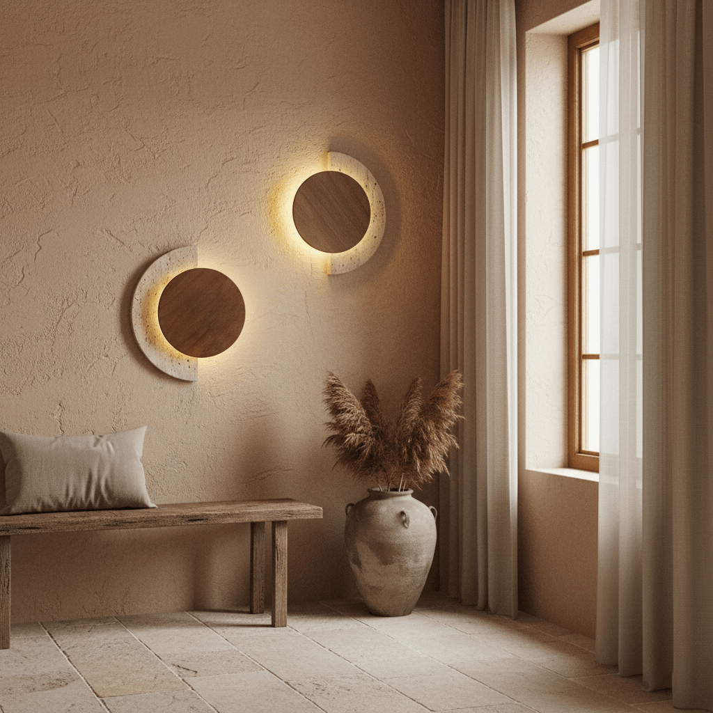Applique murale moderne Cooper en Travertin jaune et bois