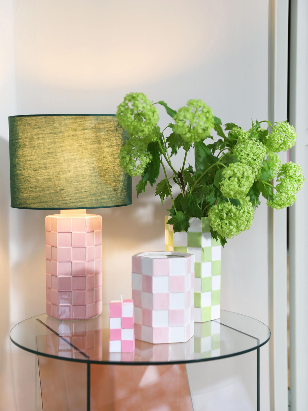 Lampe à poser en grès Hampus - Vert foncé, rose pâle