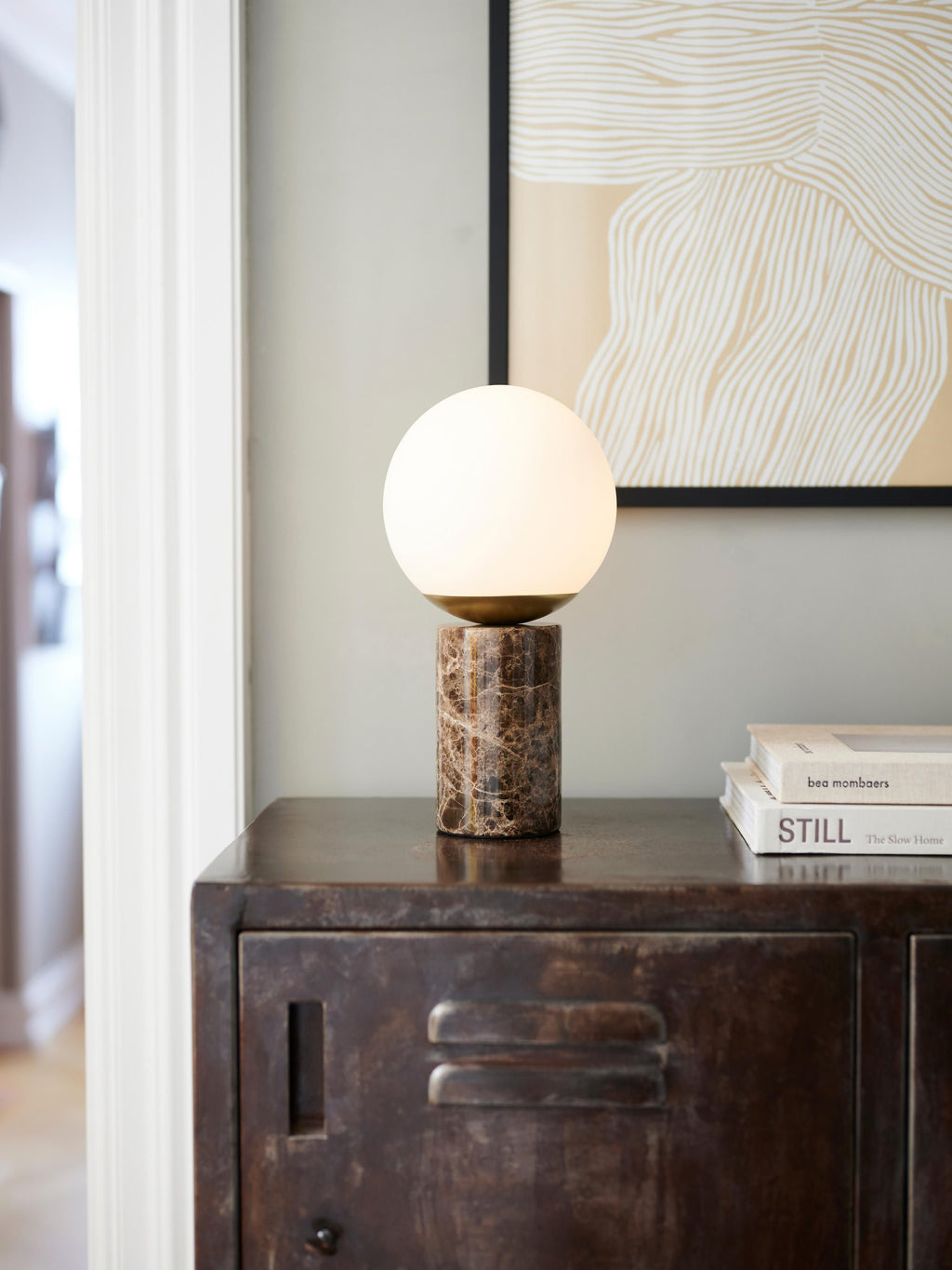 Petite lampe à poser avec pied en marbre Tapio - Blanc, brun, marbré
