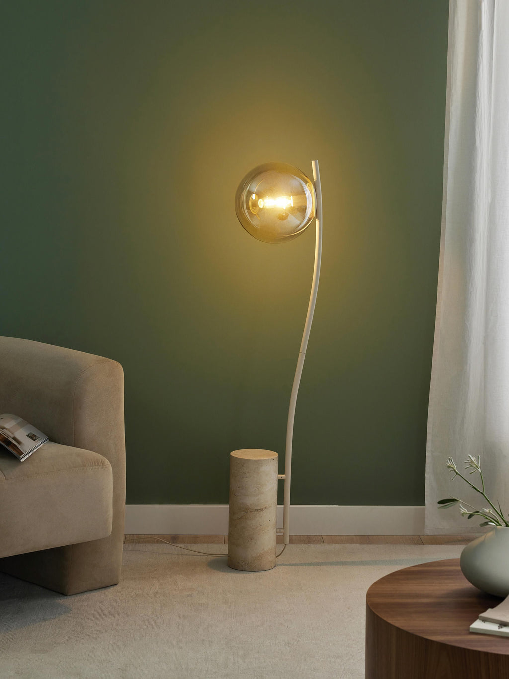 Petit lampadaire avec base en travertin Birk - Beige, travertin