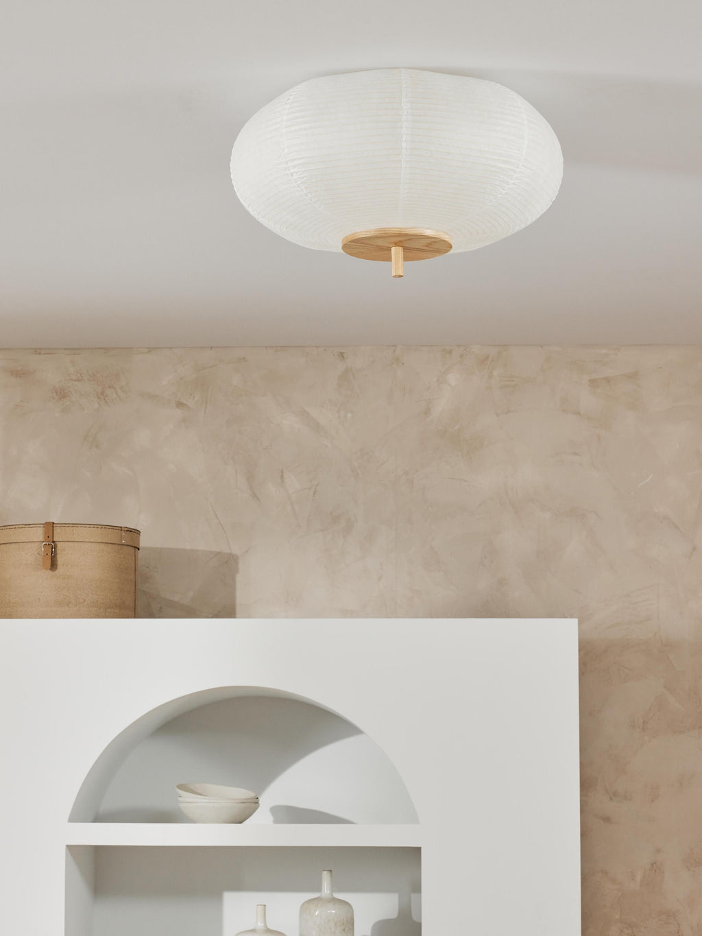 Plafonnier design en papier de riz Plato - Blanc, bois clair