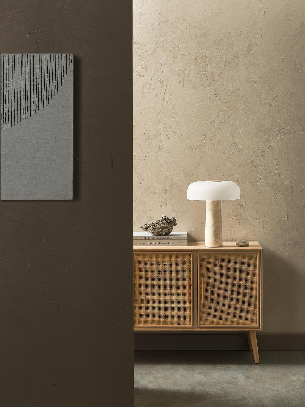 Lampe à poser avec pied en travertin Quinn - Blanc, beige, travertin