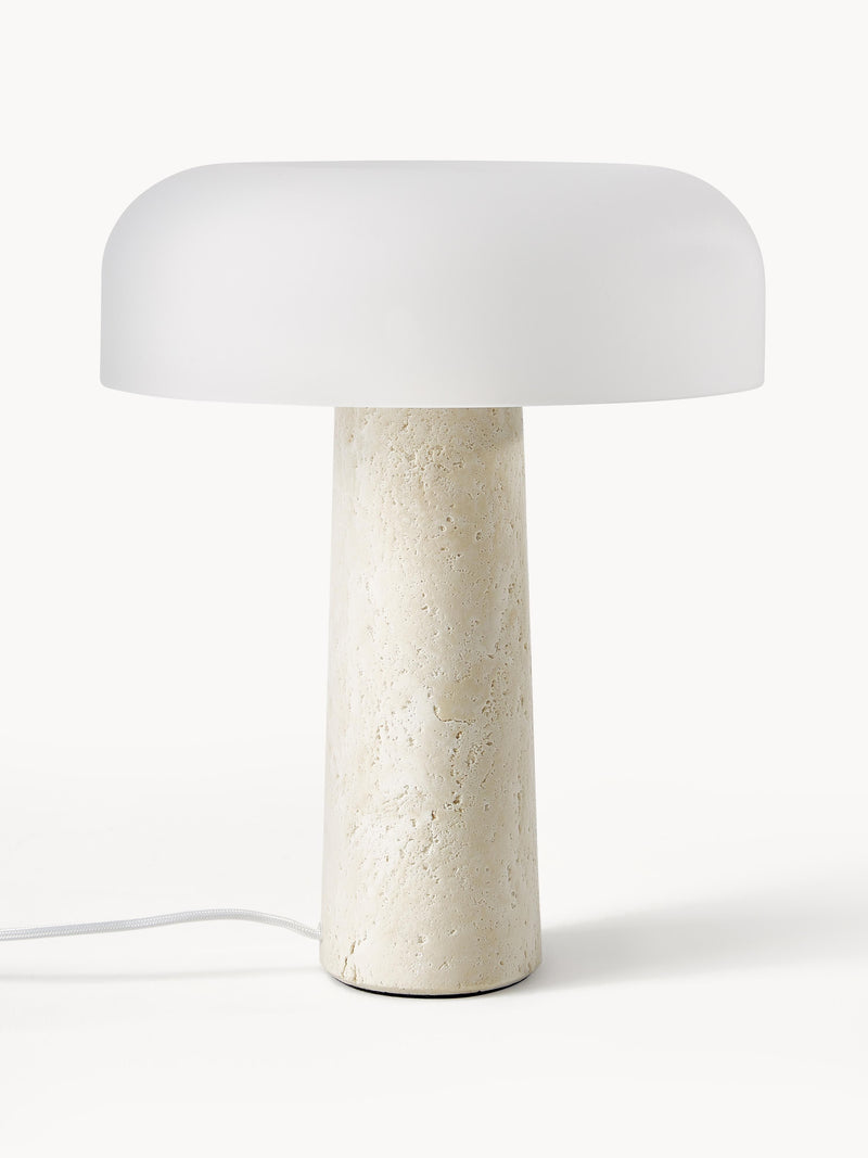 Quinn Table Lamp with Travertine Base and White Glass Shade