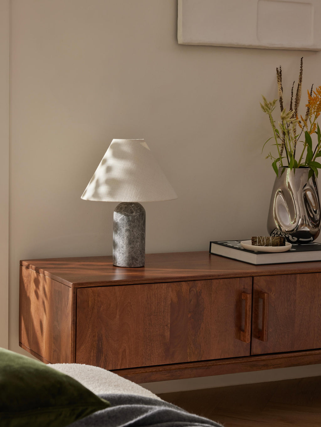 Lampe à poser avec pied en marbre Baldvin - Beige, gris, marbré