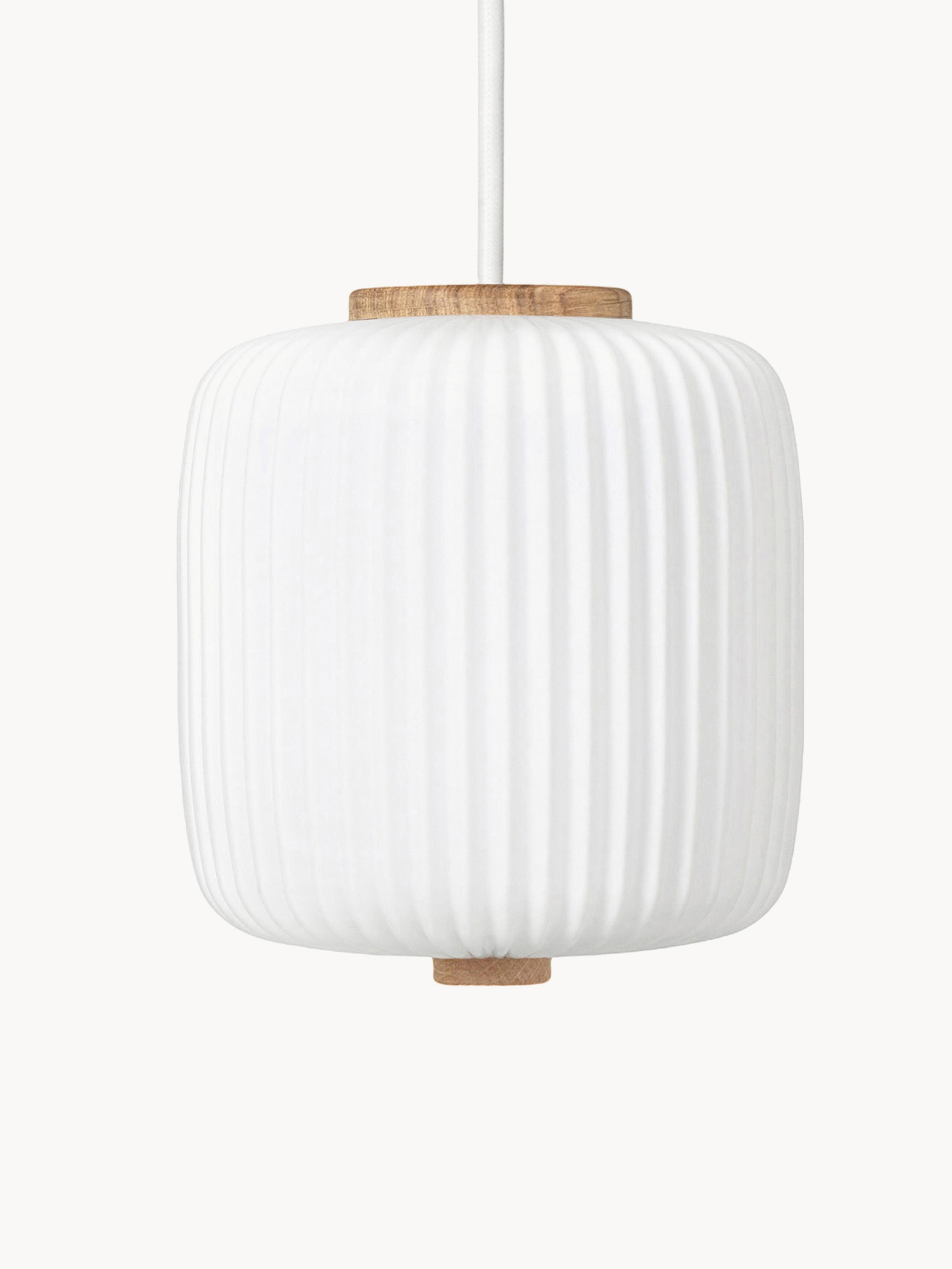 Petite suspension en verre opalescent soufflé bouche Idun - Blanc cassé, bois de chêne
