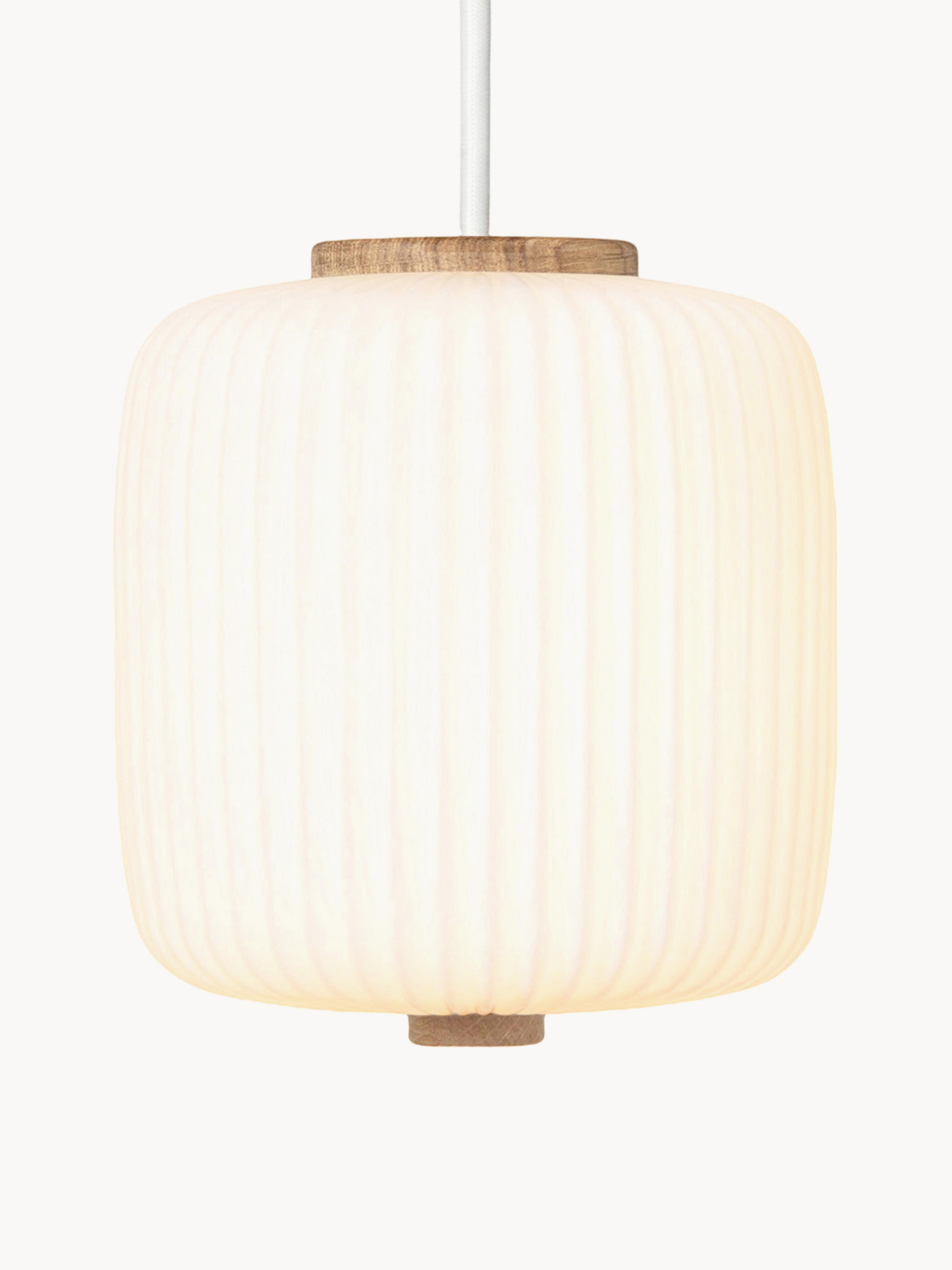 Petite suspension en verre opalescent soufflé bouche Idun - Blanc cassé, bois de chêne