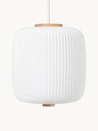 Petite suspension en verre opalescent soufflé bouche Idun - Blanc cassé, bois de chêne