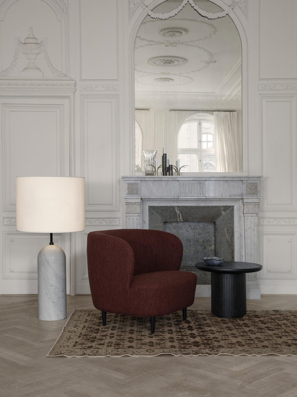 Lampadaire avec pied en marbre Mori, intensité ajustable - Beige clair, blanc marbré