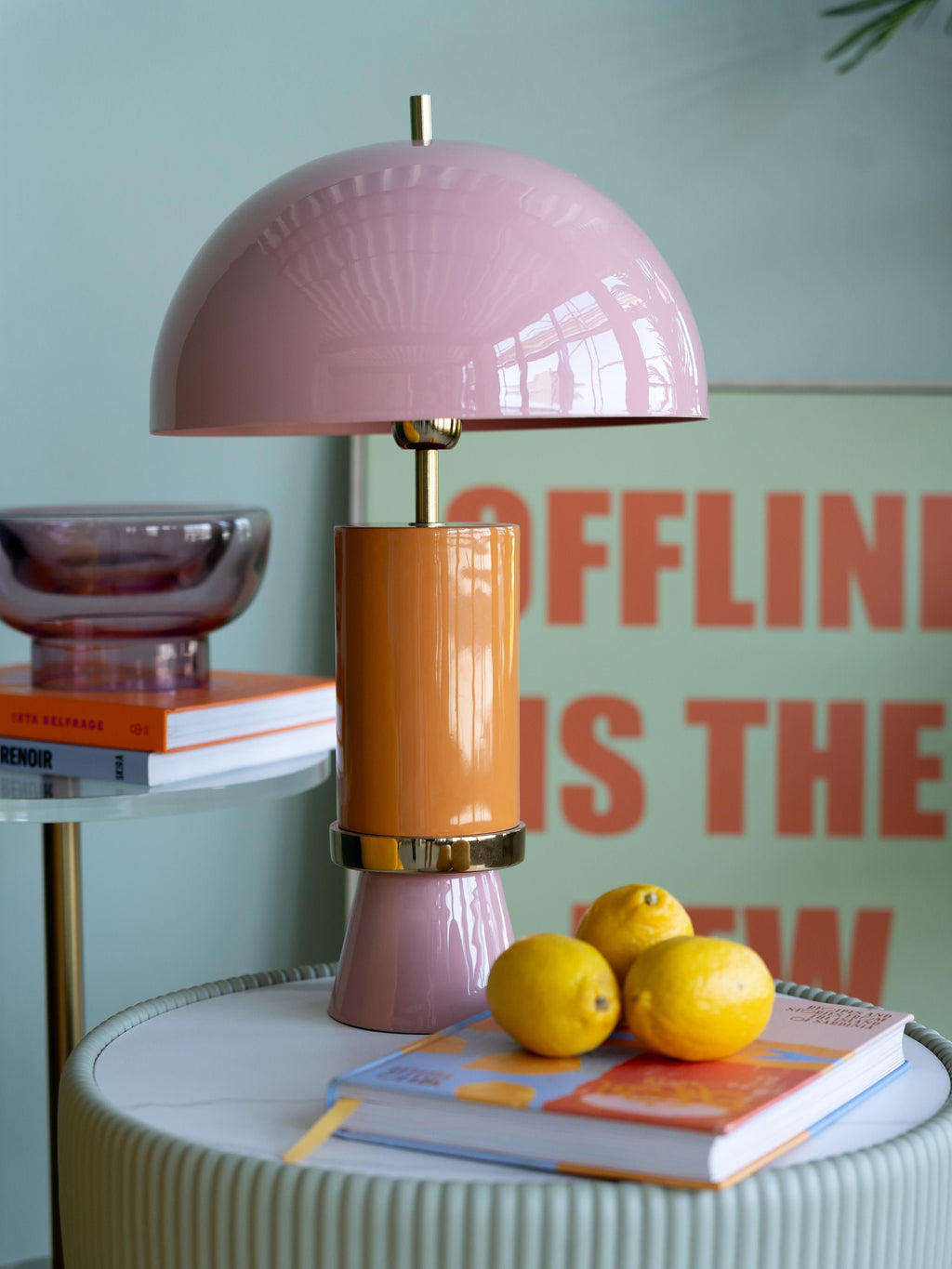 Grande lampe à poser artisanale Buckley - Vieux rose, orange, doré