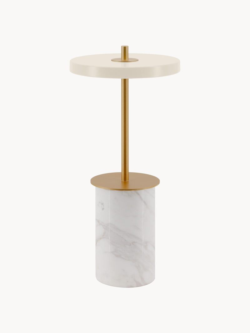 Petite lampe à poser LED mobile en marbre Kurt, intensité ajustable - Blanc marbré, doré