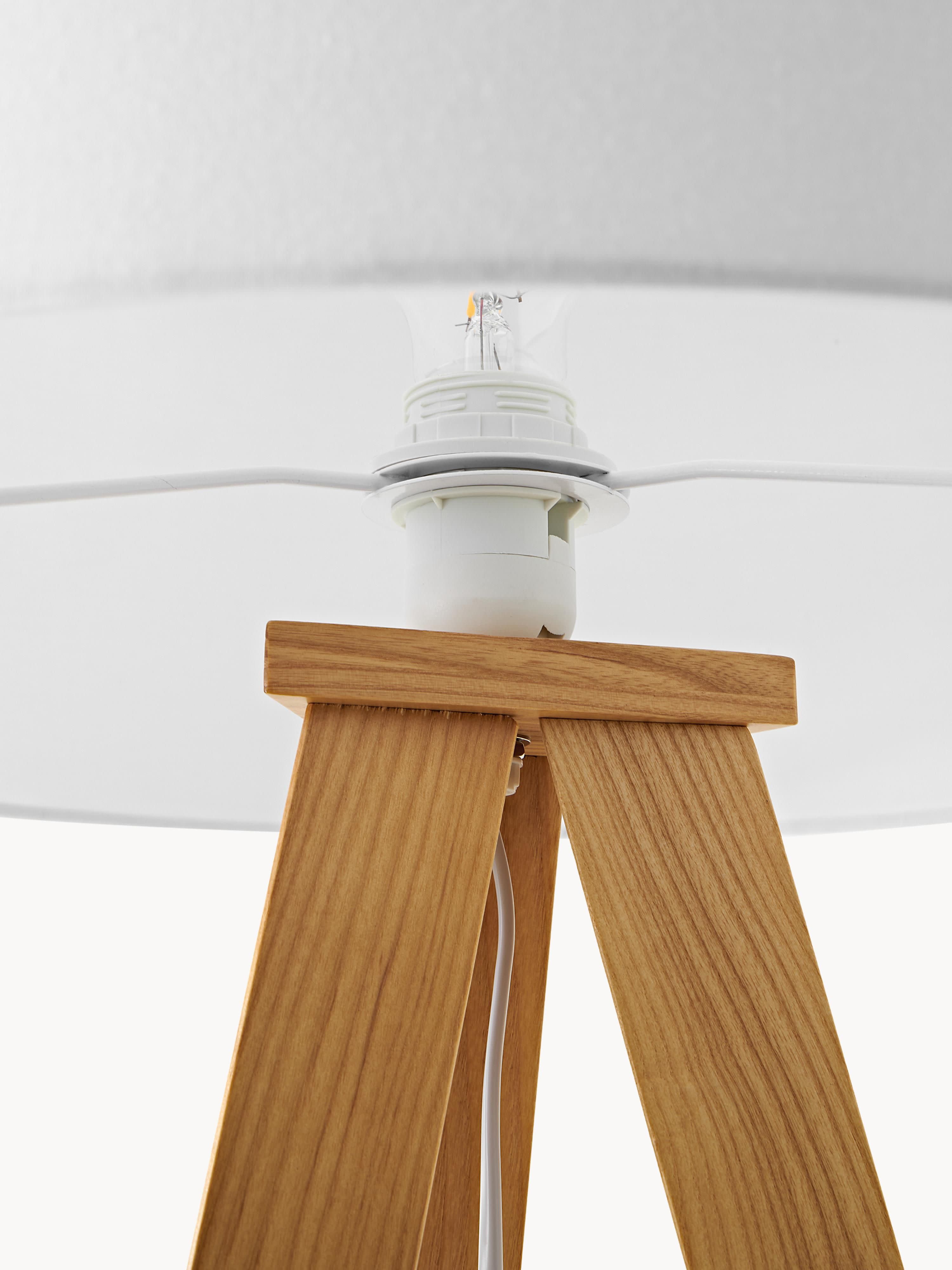 Lampadaire trépied en bois massif Garth - Tissu blanc, frêne clair