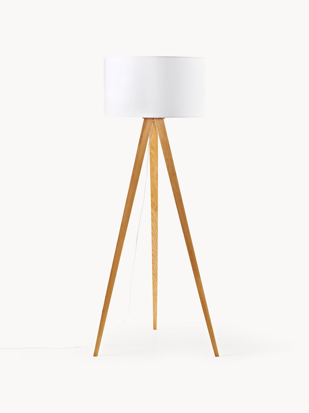 Lampadaire trépied en bois massif Garth - Tissu blanc, frêne clair