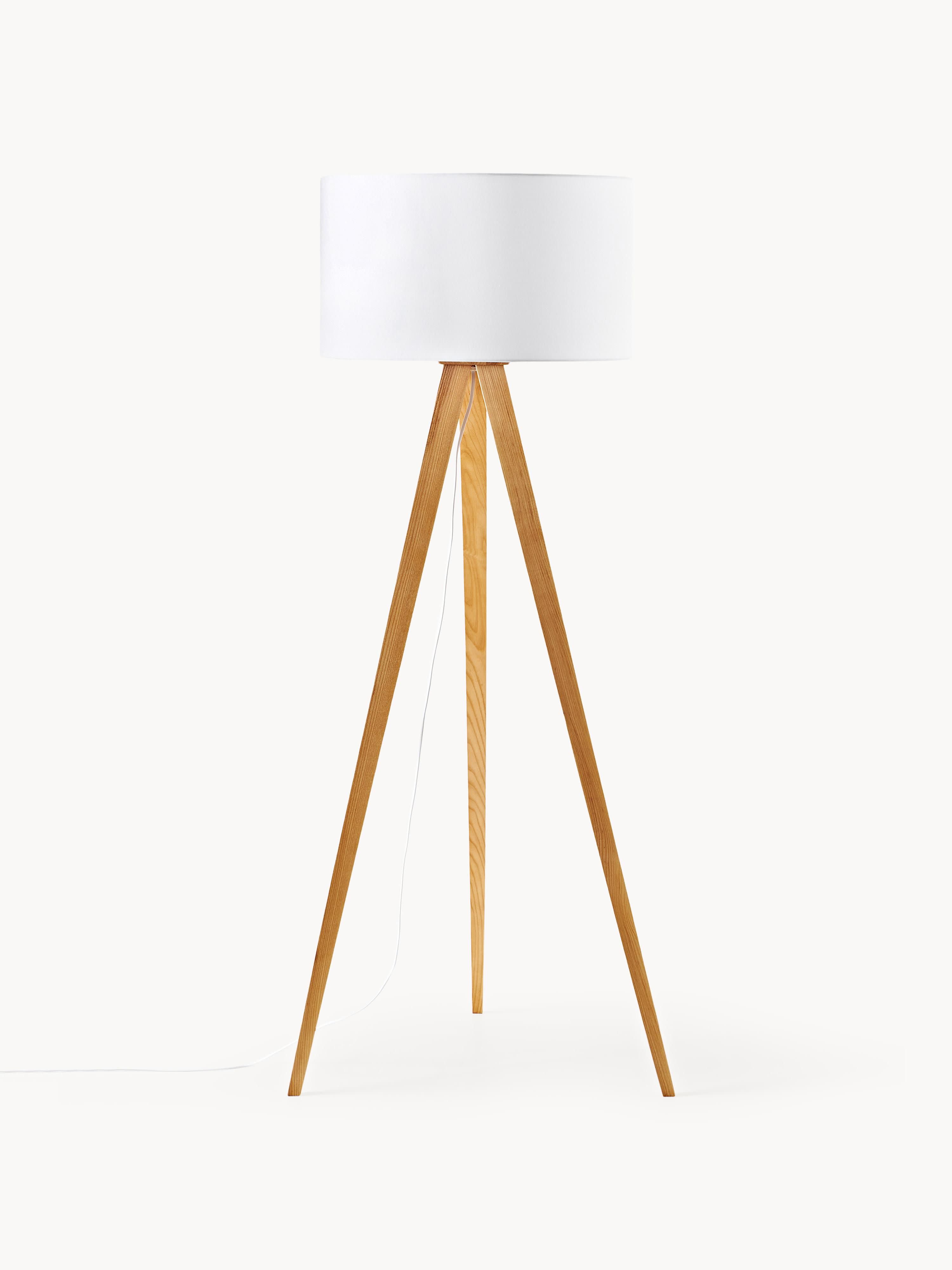 Lampadaire trépied en bois massif Garth - Tissu blanc, frêne clair
