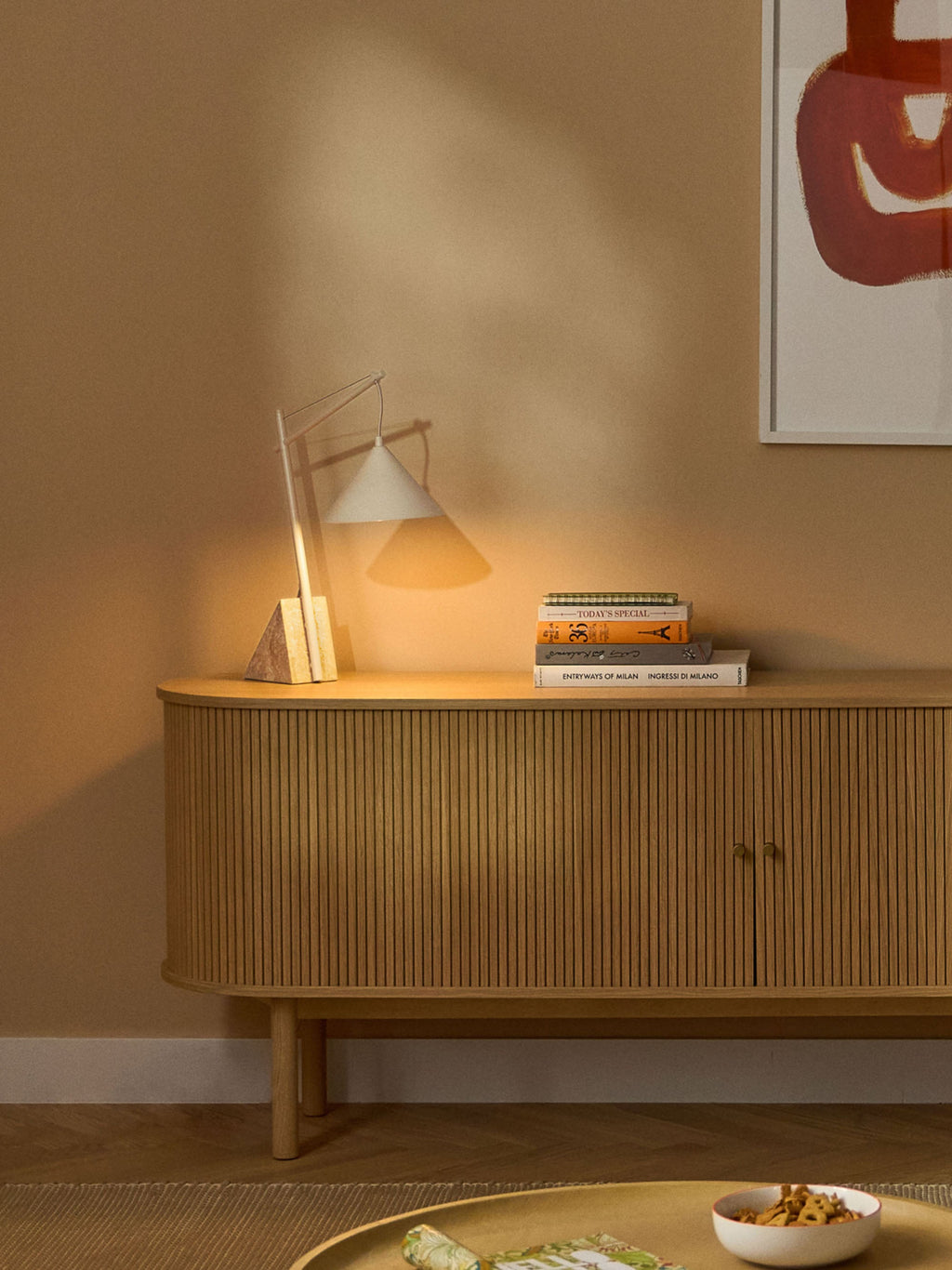 Lampe à poser avec pied en travertin Langston - Beige clair, travertin beige