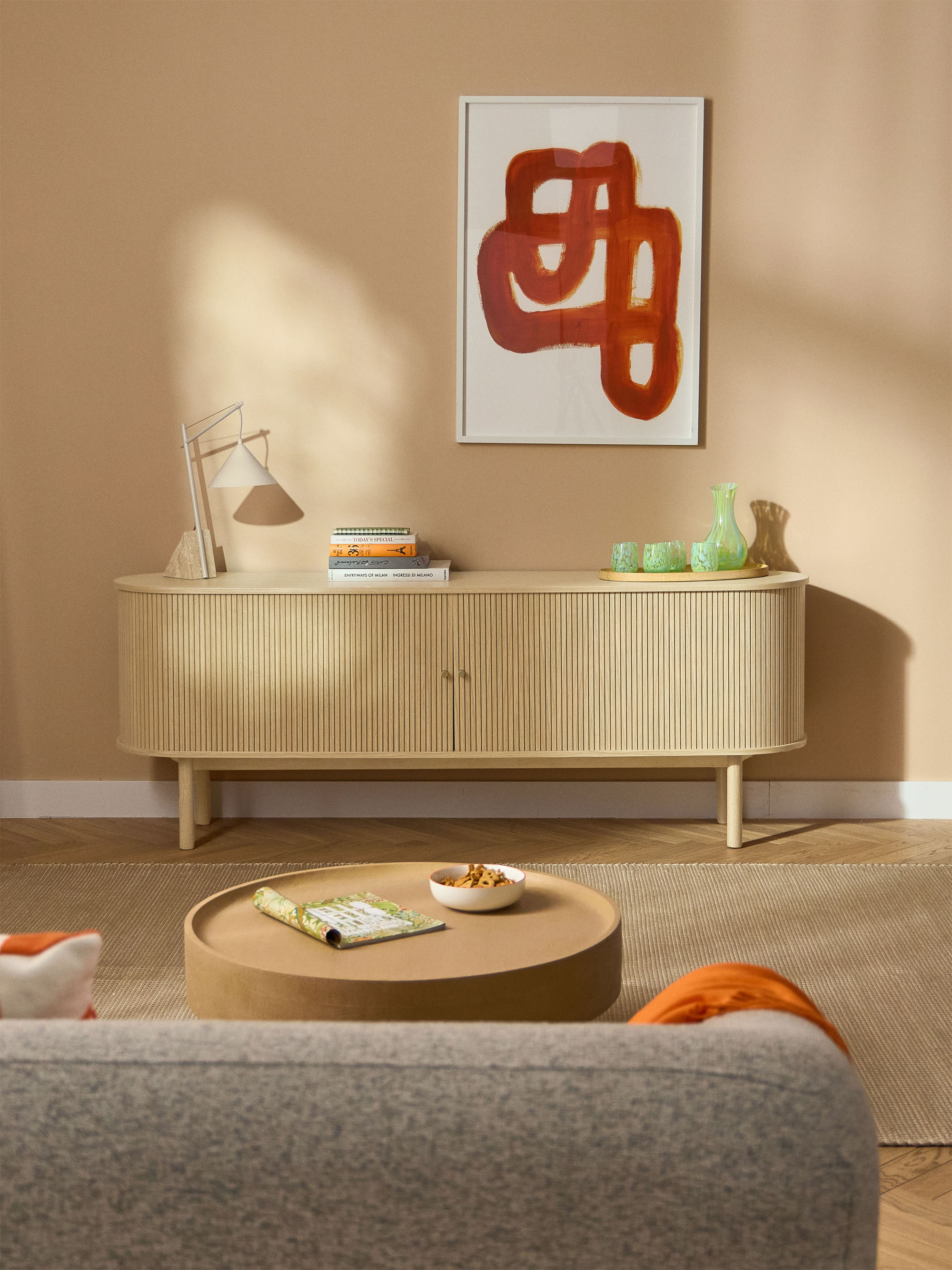 Lampe à poser avec pied en travertin Langston - Beige clair, travertin beige