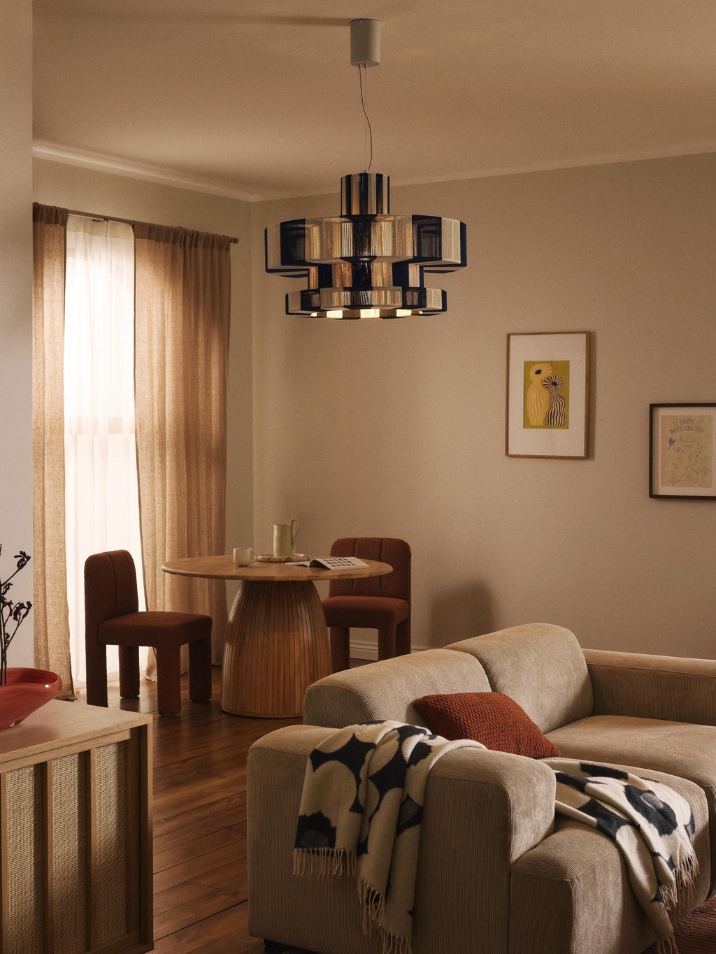Grande suspension en lin Matias - Beige clair, noir