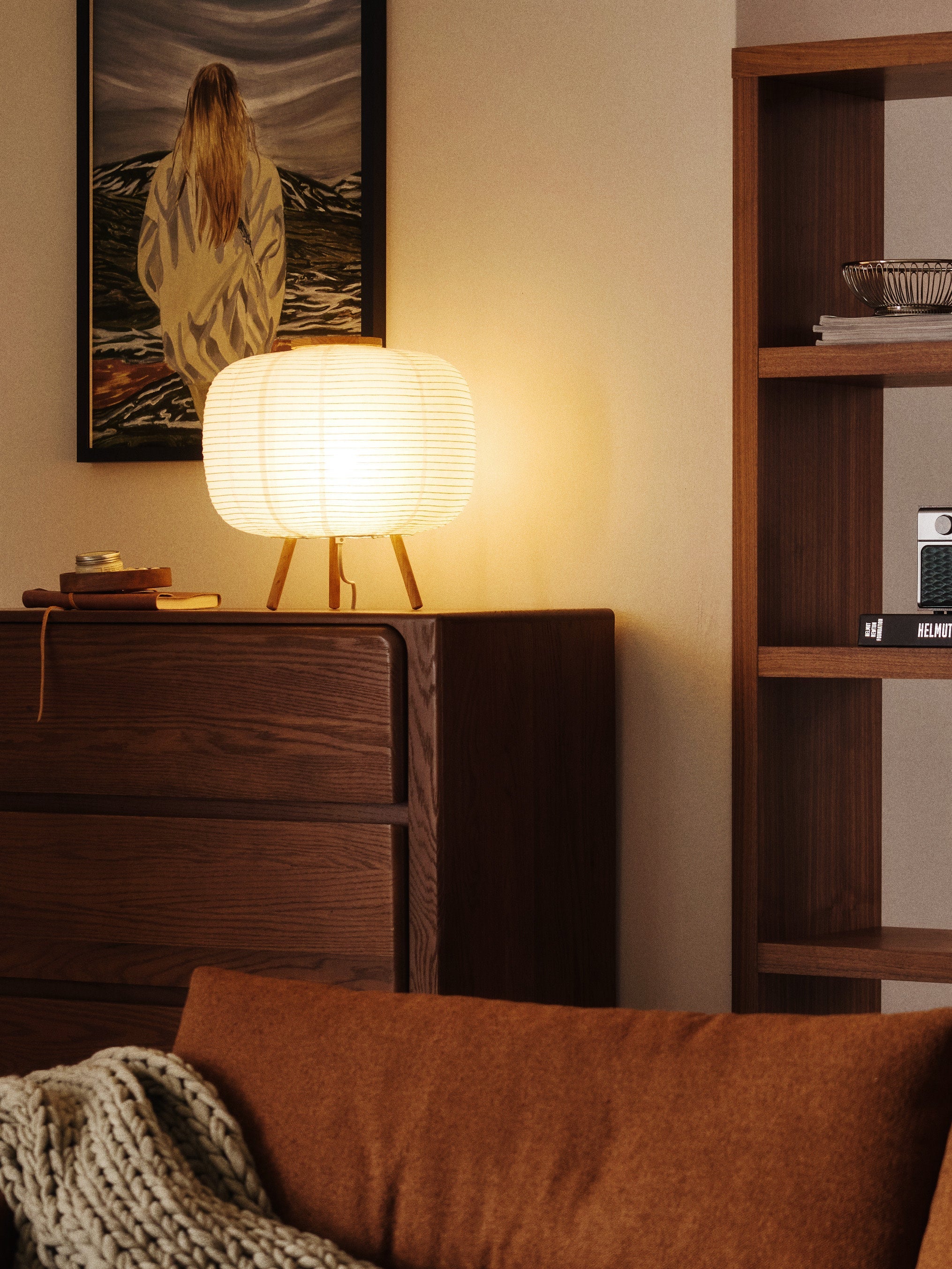 Lampe à poser en papier de riz Plato - Blanc, bois de frêne