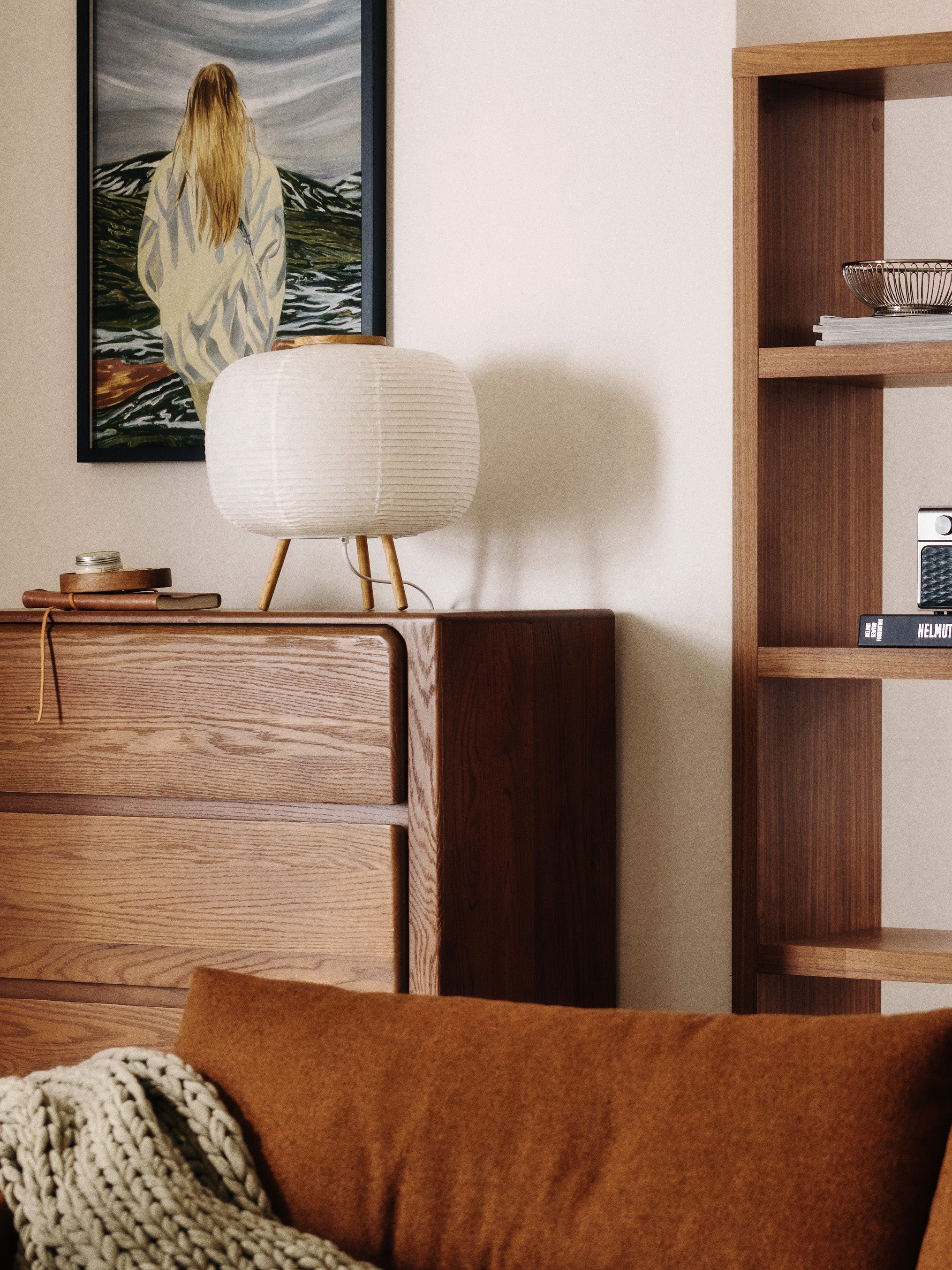 Lampe à poser en papier de riz Plato - Blanc, bois de frêne