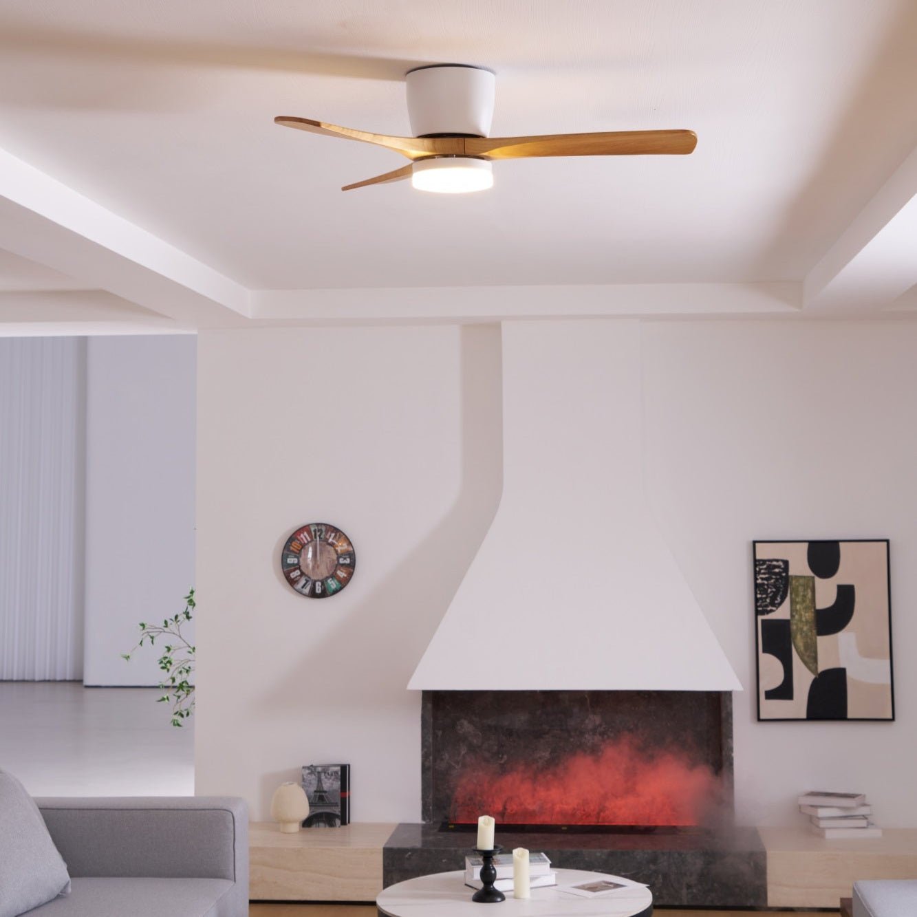 Ventilateur de plafond moderne Tarben en Blanc et noyer bois