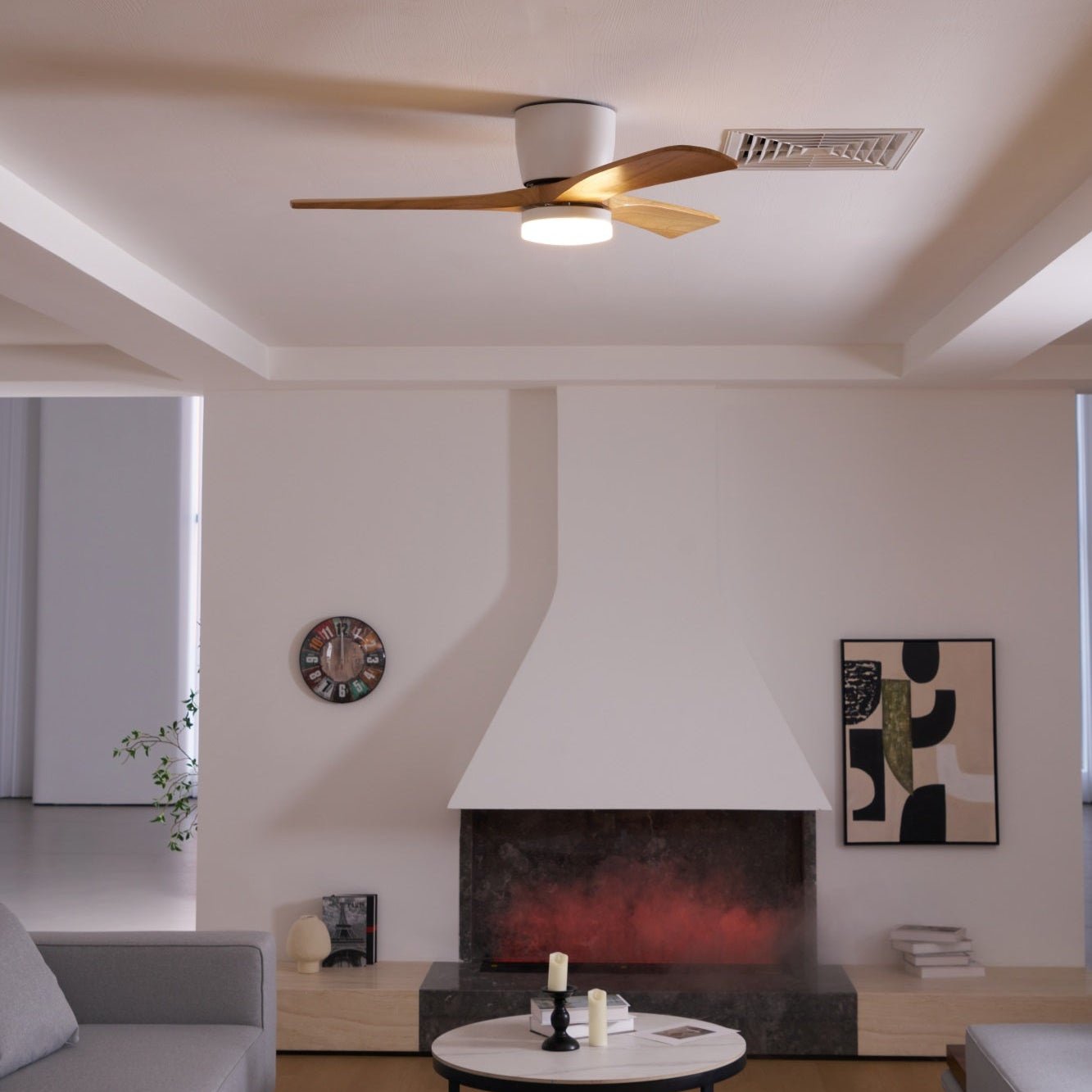 Ventilateur de plafond moderne Tarben en Blanc et bois naturel
