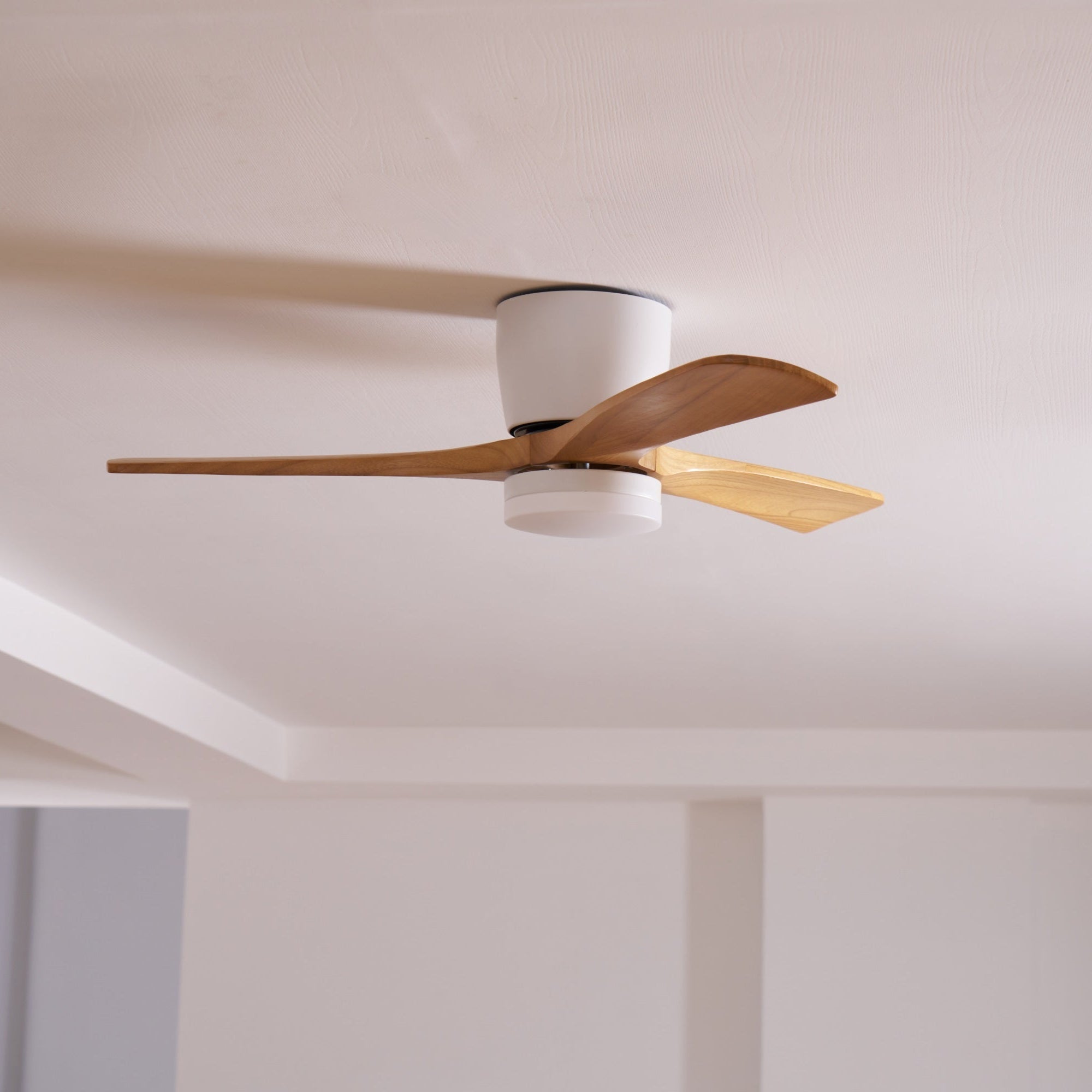 Ventilateur de plafond moderne Tarben en Blanc et bois naturel