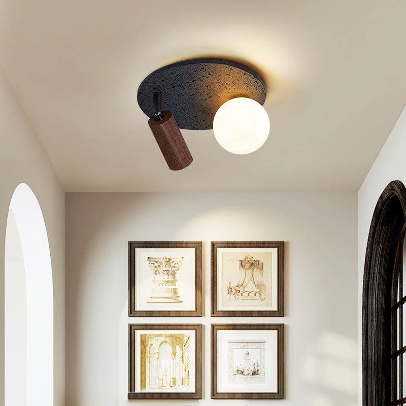 Plafonnier moderne Dali en pierre Noir travertin et noyer bois