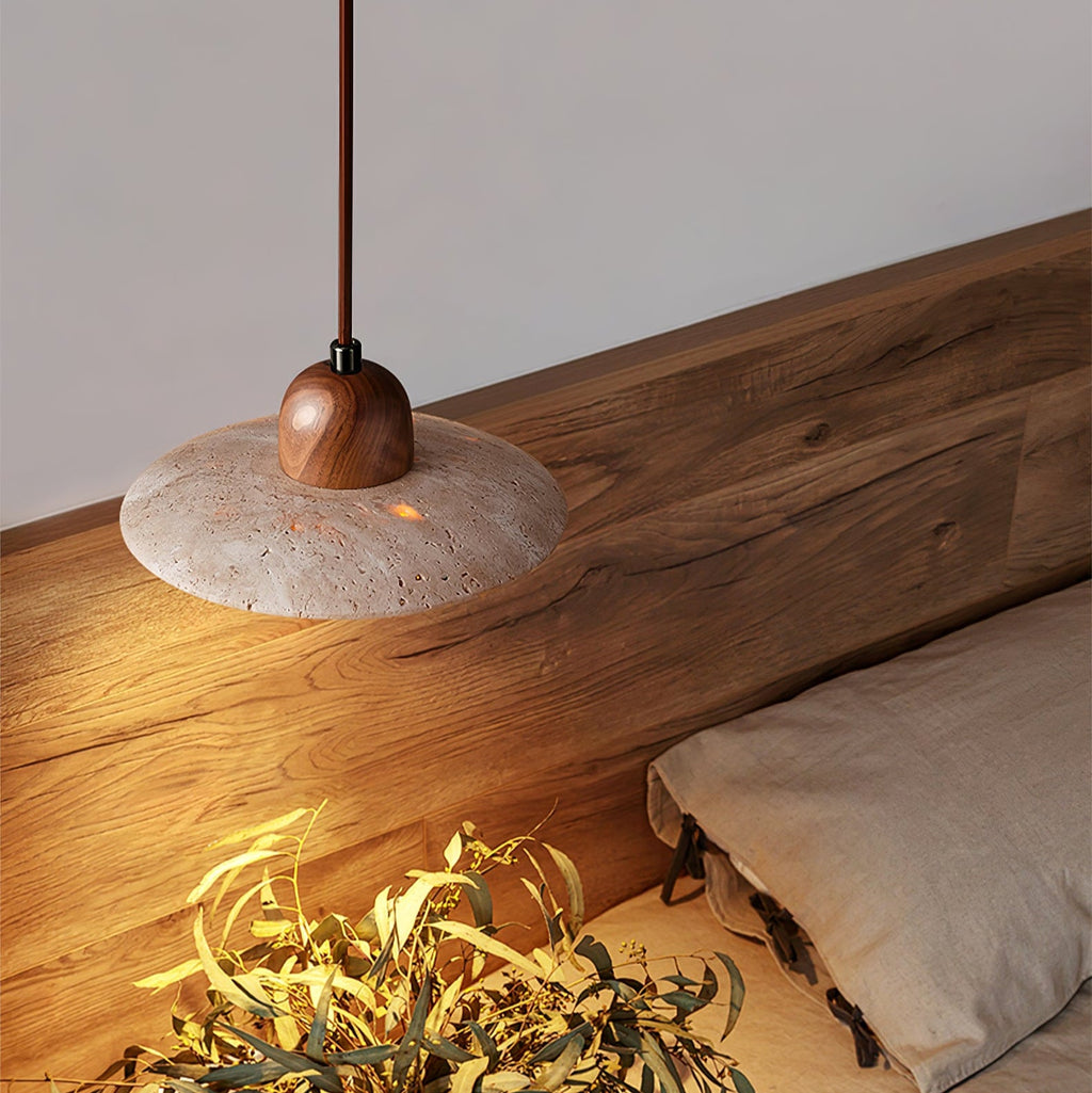 Suspension moderne Fritz en Bois et travertin jaune