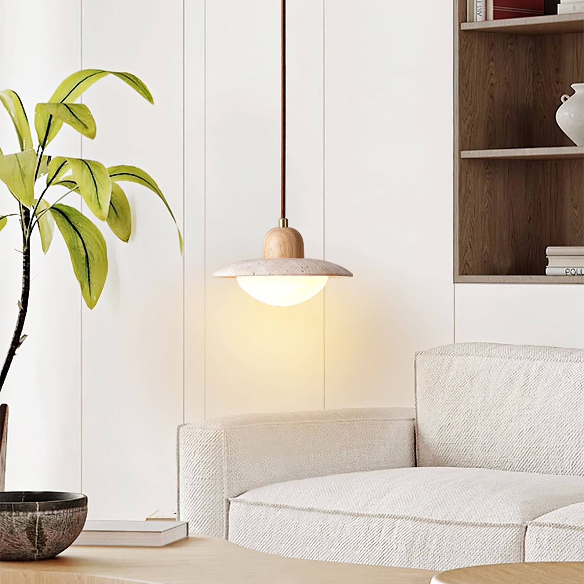 Suspension moderne Fritz en Bois et travertin jaune