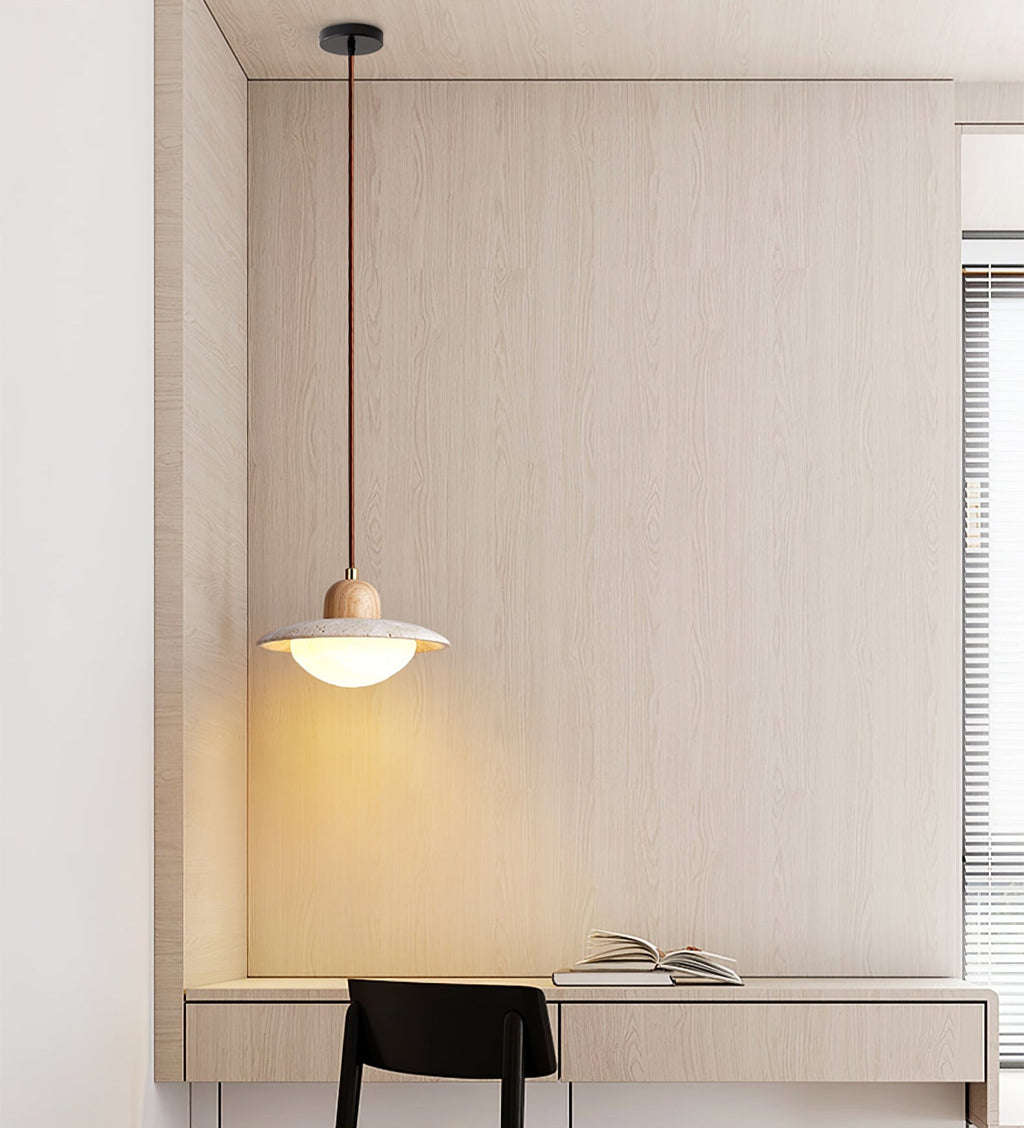 Suspension moderne Fritz en Bois et travertin jaune