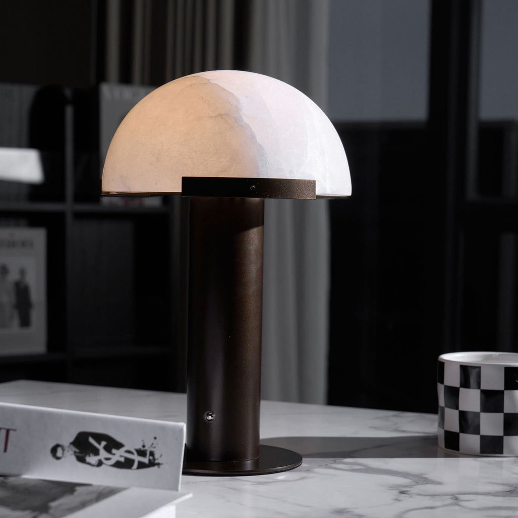 Lampe à poser moderne Grettir en Albâtre Or et blanc verre