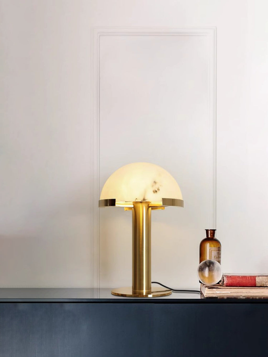 Lampe à poser moderne Grettir en Albâtre Or et blanc verre