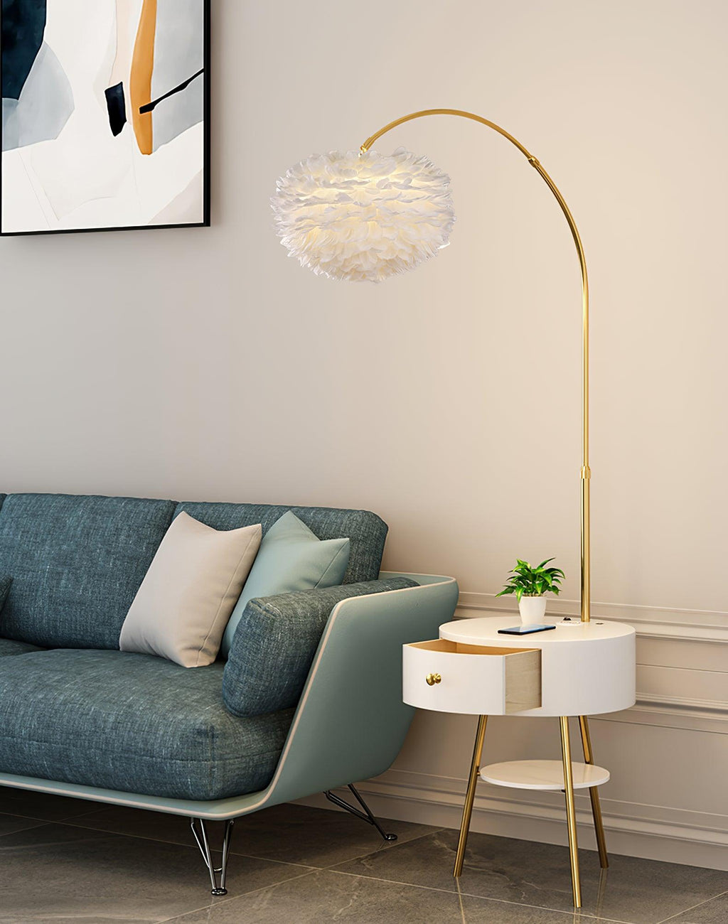 Lampadaire moderne Torbrand en Métal, Fer, Plume, M Blanc et doré