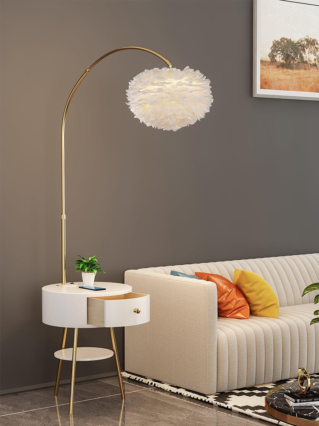Lampadaire moderne Torbrand en Métal, Fer, Plume, M Blanc et doré