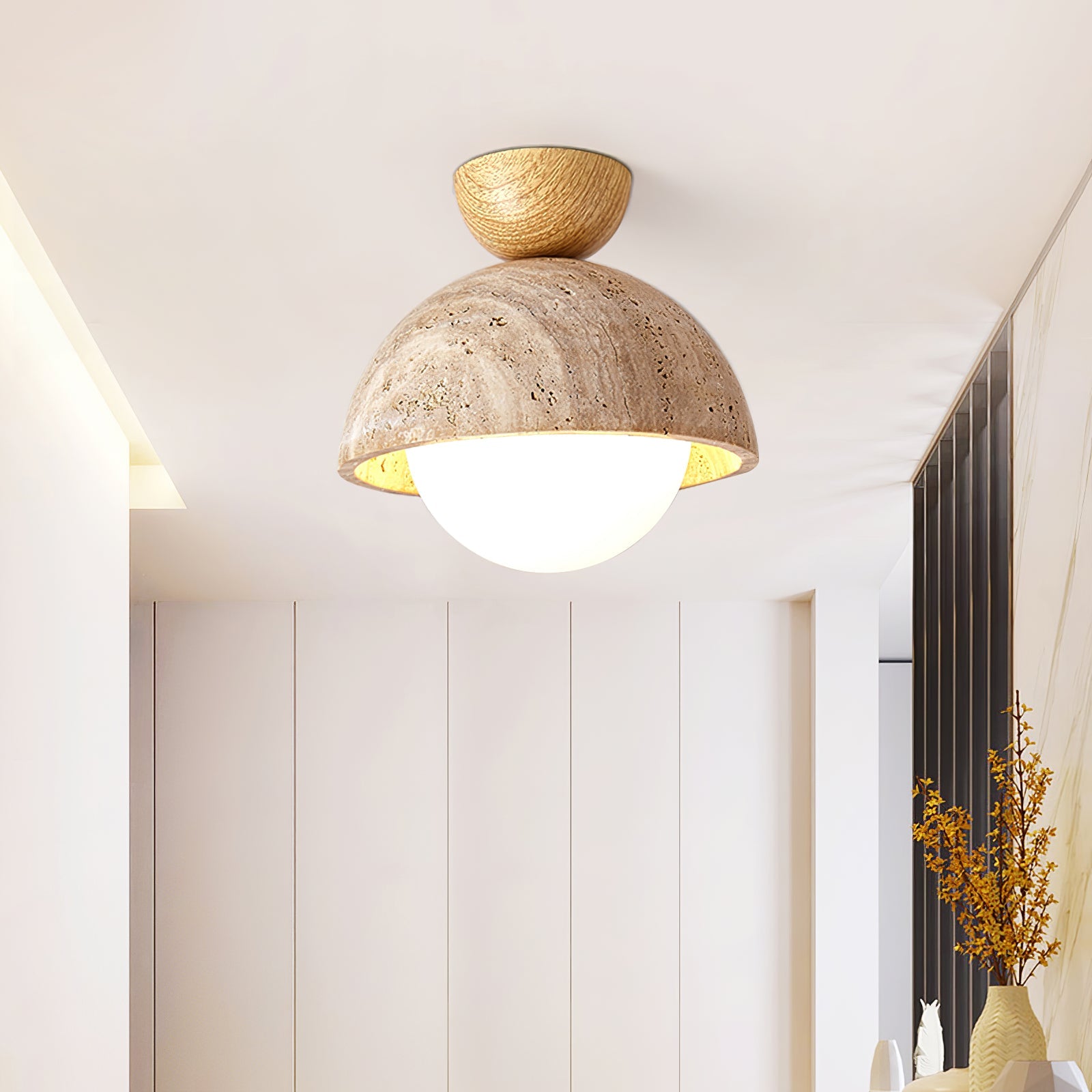 Plafonnier moderne Foxley en Noyer et travertin jaune