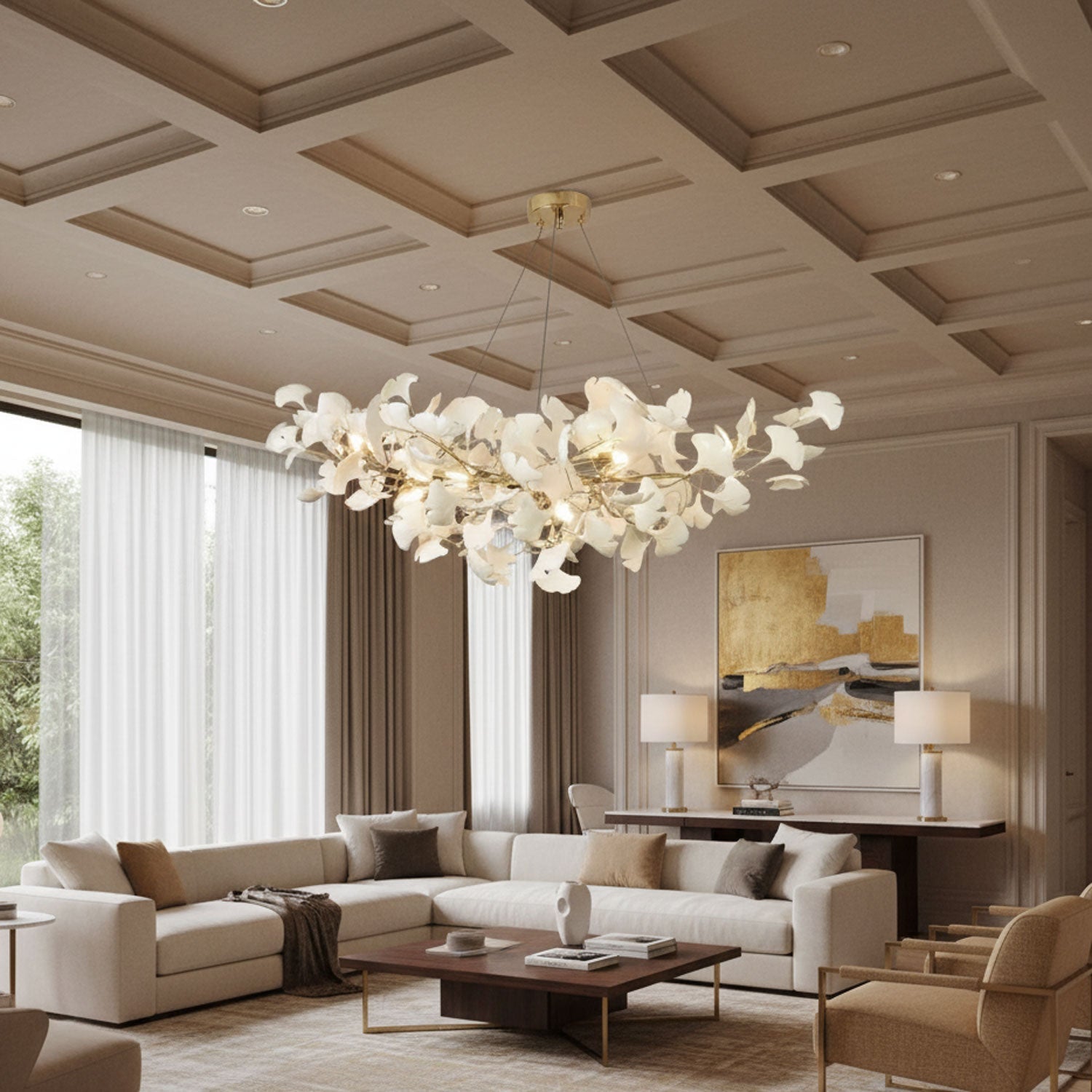 Lustre moderne Heimir en Métal Doré corps et blanc feuilles