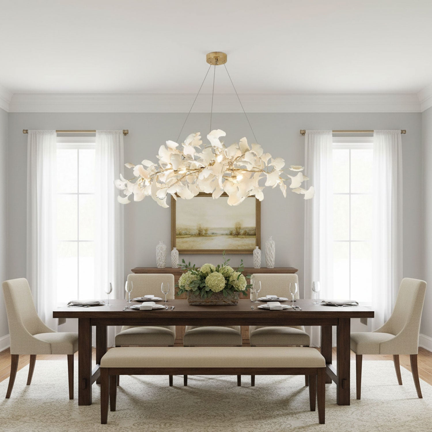Lustre moderne Flemming en Métal Nickel corps et blanc feuilles