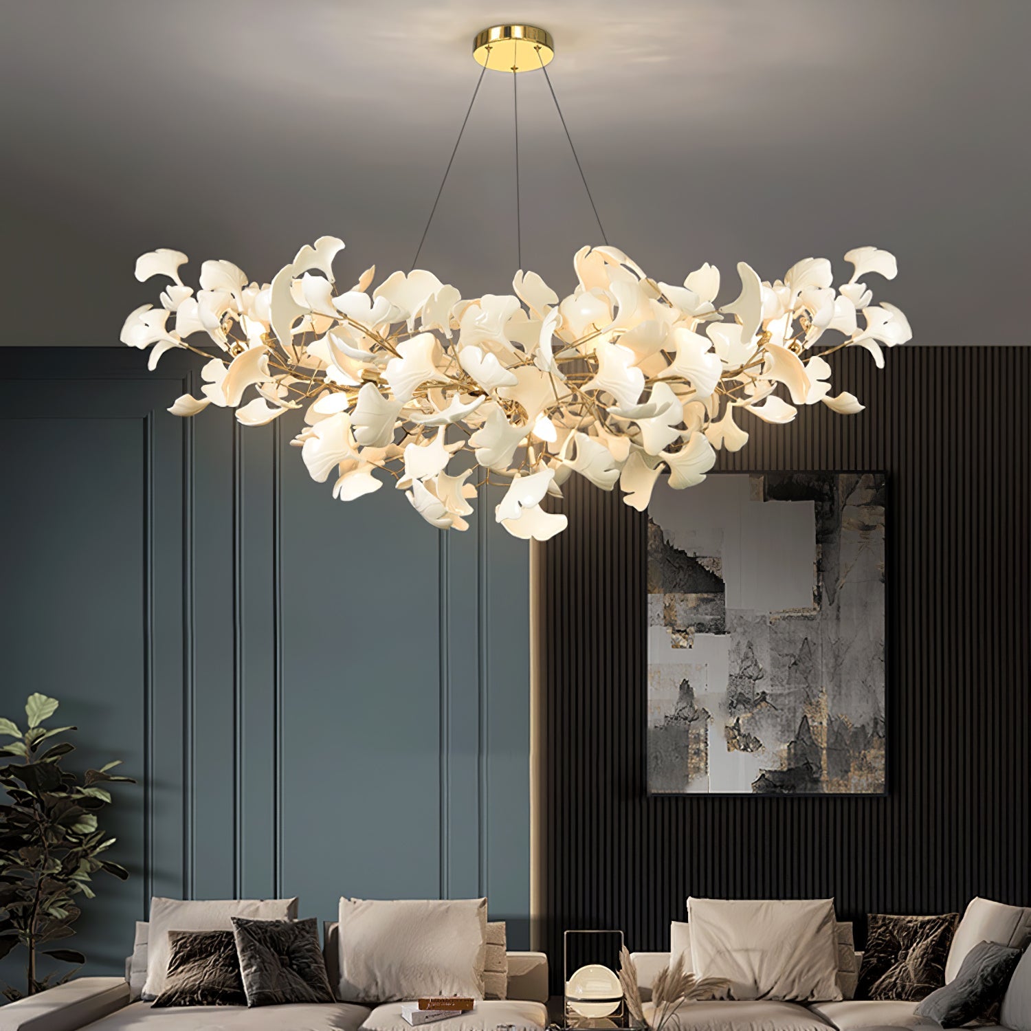 Lustre moderne Heimir en Métal Nickel corps et blanc feuilles