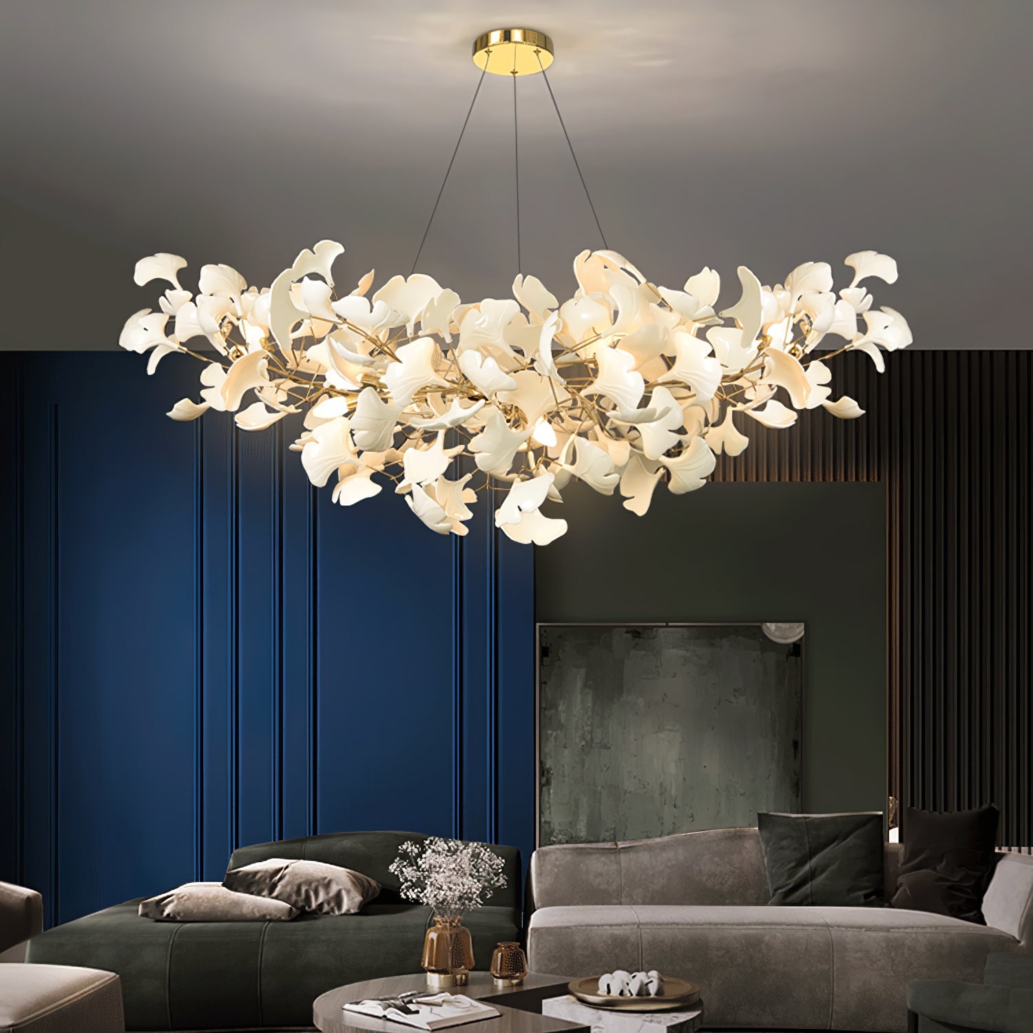Lustre moderne Heimir en Métal Noir corps et blanc feuilles