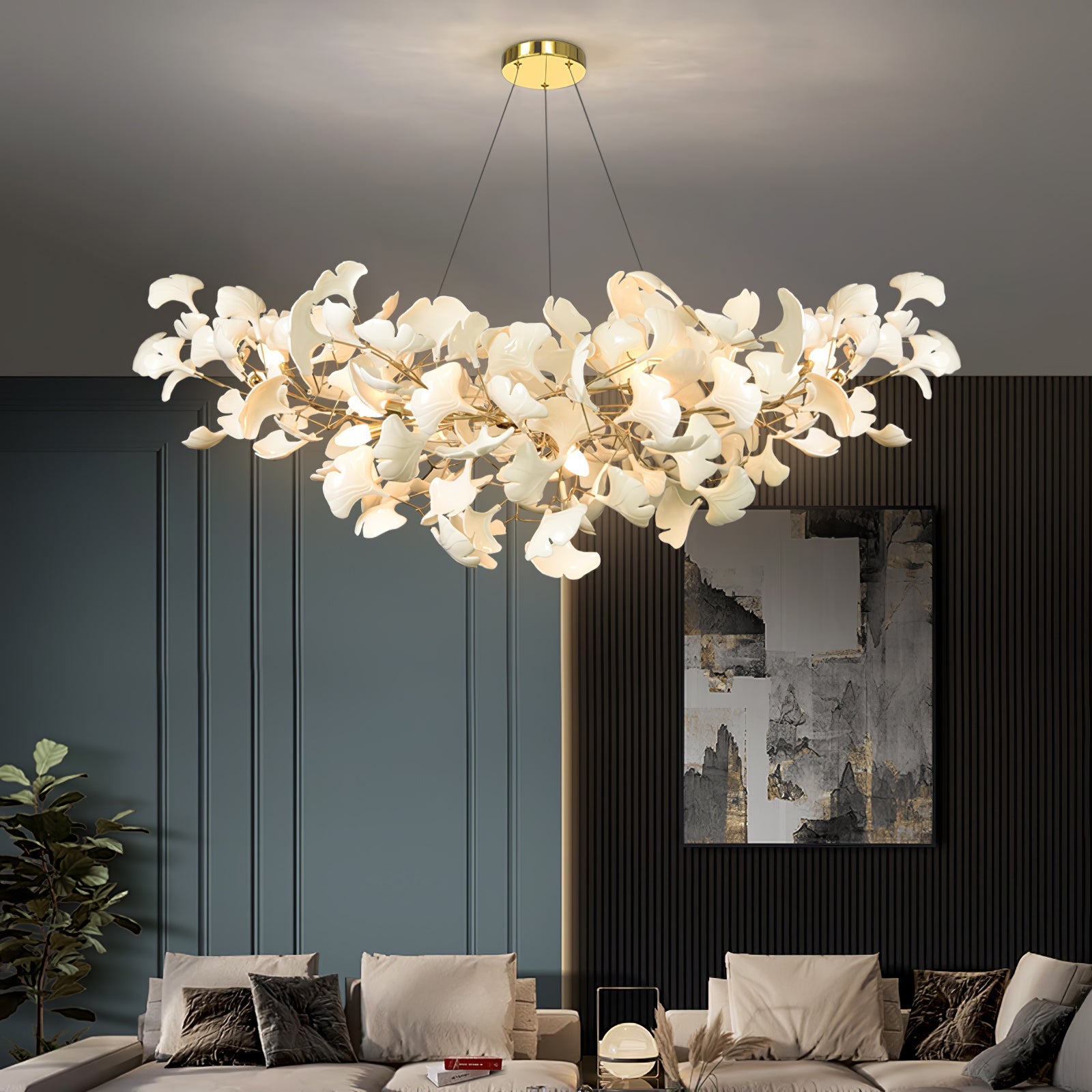 Lustre moderne Heimir en Métal Noir corps et blanc feuilles