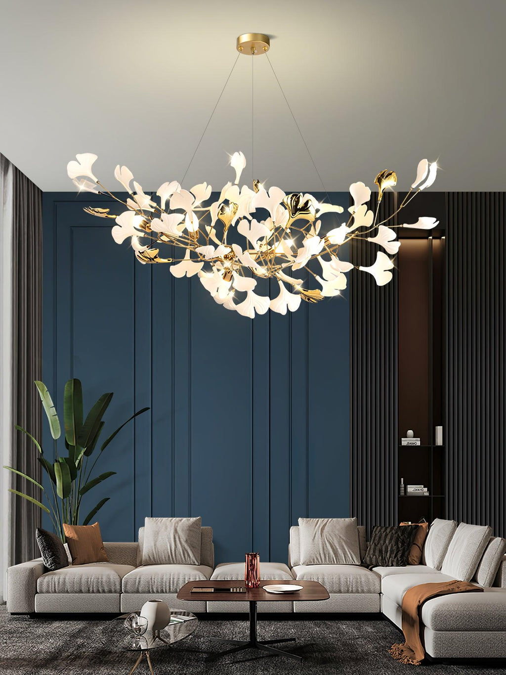 Lustre moderne Heimir en Métal Doré corps et blanc feuilles